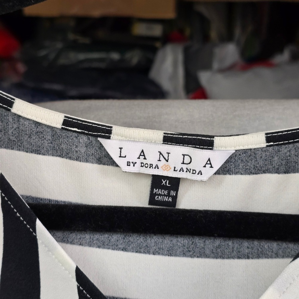 Landa Sheath Dress Women XL Black White Striped Stretch Mod Monochrome Workwear - Picture 4 of 9